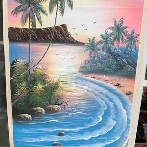 Beautiful Hawaii With Diamond Head Hand Painted On A Scroll.